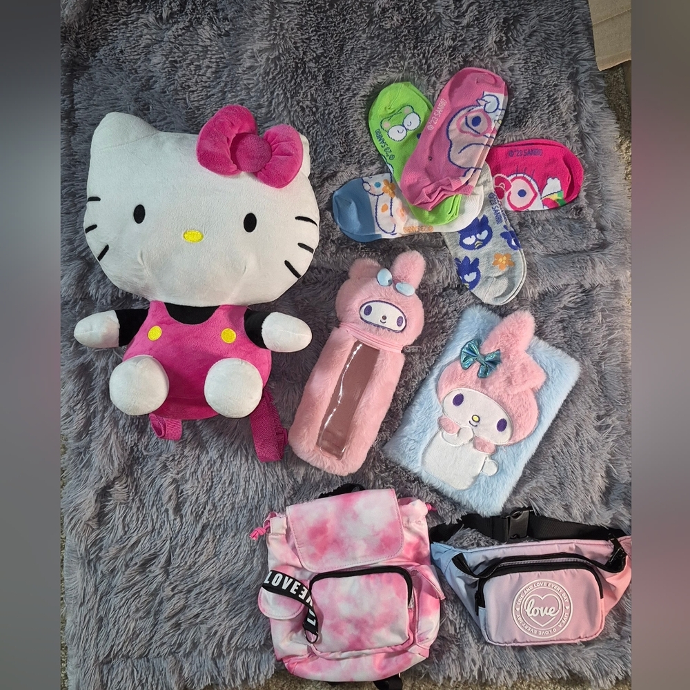 Hello Kitty Bacpack, Socks, Fanny Pack , Diary, Pencil Case, Mini Backpack Bundl